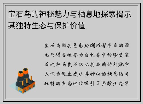宝石鸟的神秘魅力与栖息地探索揭示其独特生态与保护价值