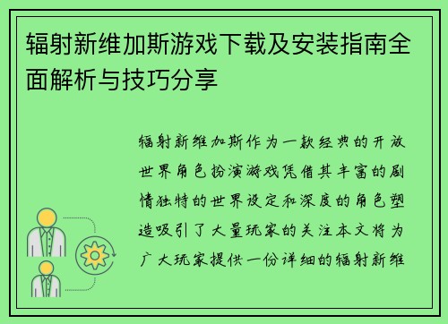 辐射新维加斯游戏下载及安装指南全面解析与技巧分享